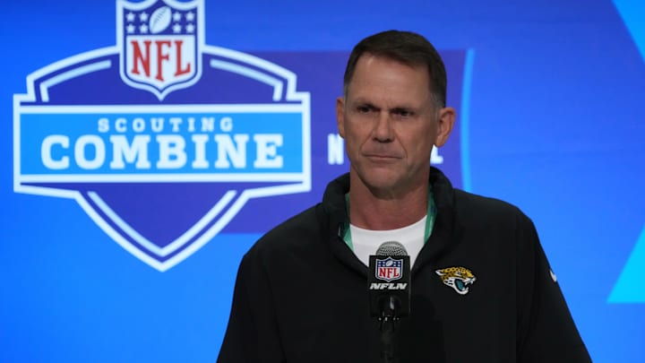 Feb 27, 2024; Indianapolis, IN, USA; Jacksonville Jaguars general manager Trent Baalke speaks at a press conference at the NFL Scouting Combine at Indiana Convention Center. Mandatory Credit: Kirby Lee-Imagn Images