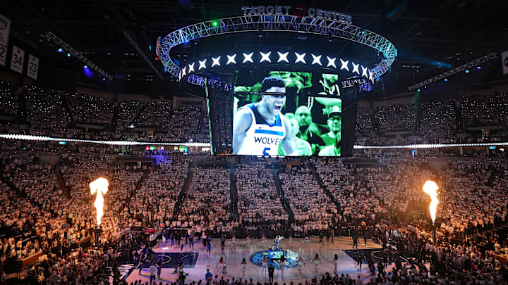 May 26, 2025; Minneapolis, Minnesota, USA; An overall view before the Oklahoma City Thunder and the Minnesota Timberwolves play in game four of the western conference finals for the 2025 NBA Playoffs at Target Center. Mandatory Credit: Jesse Johnson-Imagn Images