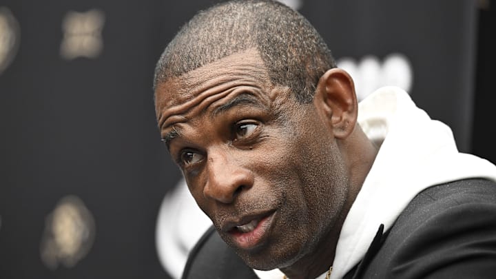 Jul 10, 2024; Las Vegas, NV, USA; Colorado Buffaloes head coach Deion Sanders speaks to the media during the Big 12 Media Days at Allegiant Stadium. Mandatory Credit: Candice Ward-USA TODAY Sports