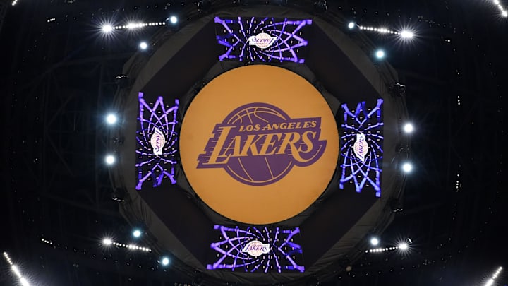 Apr 9, 2024; Los Angeles, California, USA; THe Los Angeles Lakers logo on the video board at Crypto.com Arena.