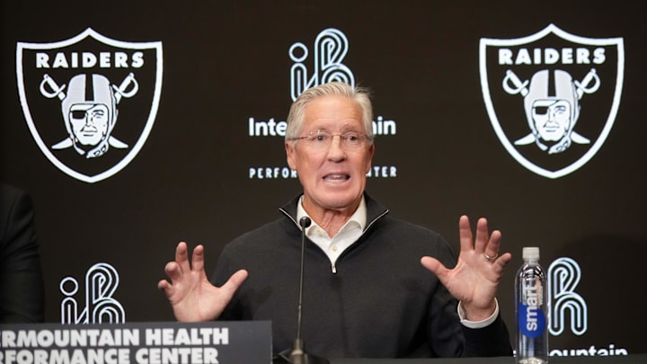Jan 27, 2025; Las Vegas, NV, USA; Las Vegas Raiders coach Pete Carroll at press conference at Intermountain Health Performance Center. Mandatory Credit: Kirby Lee-Imagn Images
