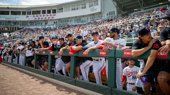 Feb 22, 2025; Fort Myers, Florida, USA; Minnesota Twins get ready to take the field for their game against the Atlanta Braves at Lee Health Sports Complex. 