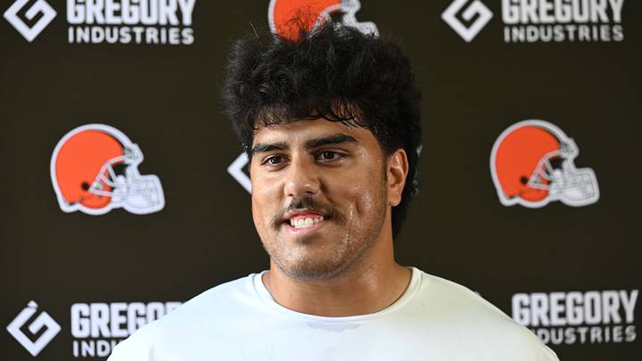 Jul 29, 2026; Berea, OH, USA; Cleveland Browns offensive tackle Spencer Fano (55) talks to the media during training camp at CrossCountry Mortgage Campus. Mandatory Credit: Ken Blaze-Imagn Images