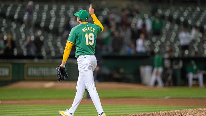 Apr 30, 2024; Oakland, California, USA;  Oakland Athletics pitcher Mason Miller (19) celebrates