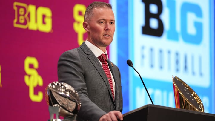 USC head coach Lincoln Riley speaks to the media during Big Ten Football Media Days in Las Vegas. 