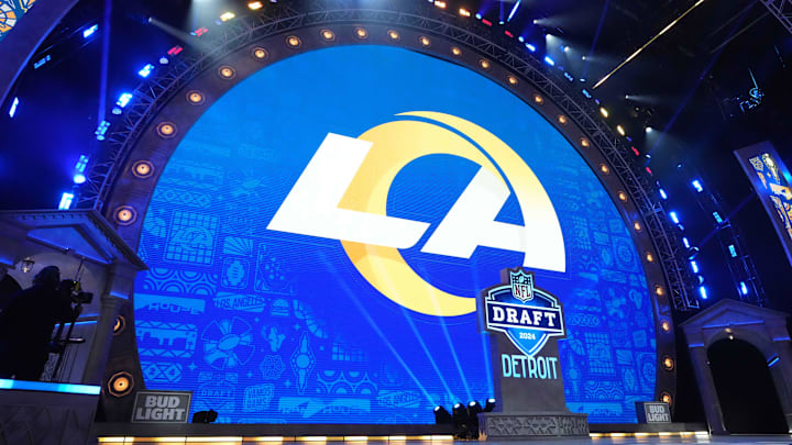 Apr 25, 2024; Detroit, MI, USA; A Los Angeles Rams logo at the 2024 NFL Draft at Campus Martius Park and Hart Plaza. Mandatory Credit: Kirby Lee-Imagn Images