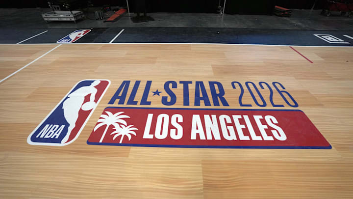 Jan 16, 2024; Inglewood, California, USA; The 2026 NBA All-Star Game logo is displayed at a press conference at the Intuit Dome. Mandatory Credit: Kirby Lee-Imagn Images 