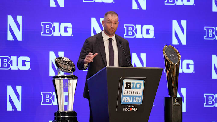 Jul 23, 2025; Las Vegas, NV, USA; Northwestern head coach David Braun speaks to the media during the Big Ten NCAA college football media days at Mandalay Bay Resort. Mandatory Credit: Lucas Peltier-Imagn Images