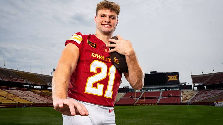 Running back Aiden Flora stands for a photo during Iowa State Football media day at Jack Trice Stadium in Ames, Wednesday, August 19, 2026. Running back Aiden Flora stands for a photo during Iowa State Football media day at Jack Trice Stadium in Ames, Wednesday, August 19, 2026.