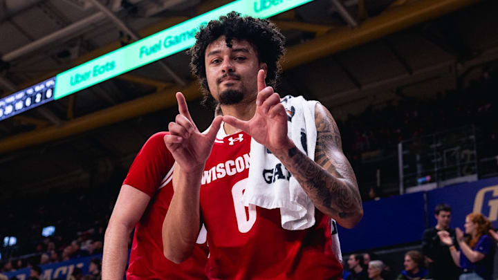 Senior Braeden Carrington celebrates after scoring a career-high 32 points in Wisconsin's 90-73 win at Washington on February 28, 2026.