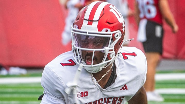 Indiana safety Louis Moore (7) at Indiana University football practice Wednesday, Aug. 13, 2025. Indiana safety Louis Moore (7) at Indiana University football practice Wednesday, Aug. 13, 2025.