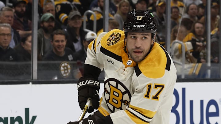 Oct 11, 2023; Boston, Massachusetts, USA; Boston Bruins left wing Milan Lucic (17) against the Chicago Blackhawks during the second period at TD Garden. Mandatory Credit: Winslow Townson-Imagn Images Oct 11, 2023; Boston, Massachusetts, USA; Boston Bruins left wing Milan Lucic (17) against the Chicago Blackhawks during the second period at TD Garden. Mandatory Credit: Winslow Townson-Imagn Images