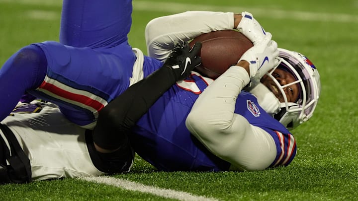Buffalo Bills wide receiver Joshua Palmer hauls down a pass during first half action against the Baltimore Ravens at Highmark Stadium in Orchard Park on Sept. 7, 2025.