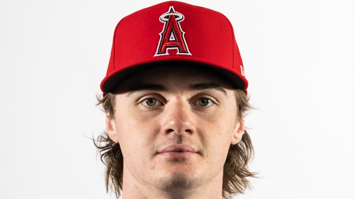 Feb 18, 2026; Tempe, AZ, USA; Los Angeles Angels pitcher George Klassen poses for a portrait during photo day at Tempe Diablo Stadium.  Mandatory Credit: Mark J. Rebilas-Imagn Images