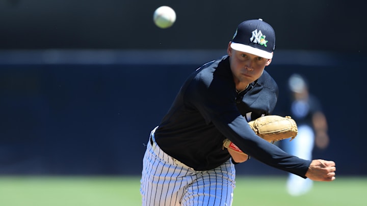 Mar 22, 2026; Tampa, Florida, USA; New York Yankees starting pitcher Will Warren (98) throws a pitch during the first inning against the Philadelphia Phillies at George M. Steinbrenner Field. Mandatory Credit: Kim Klement Neitzel-Imagn Images