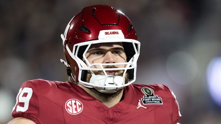 Dec 19, 2025; Norman, OK, USA; Oklahoma Sooners offensive lineman Jake Taylor (79) against the Alabama Crimson Tide during the CFP National Playoff First Round at Gaylord Family Oklahoma Memorial Stadium. Mandatory Credit: Mark J. Rebilas-Imagn Images