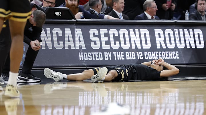 Mar 21, 2026; Oklahoma City, OK, USA; Vanderbilt Commodores guard Tyler Tanner (3) reacts after missing a three-point basket in the final seconds of the second half against the Nebraska Cornhuskers in a second round game of the men's 2026 NCAA Tournament at Paycom Center. Mandatory Credit: Alonzo Adams-Imagn Images