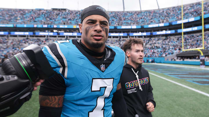 Oct 12, 2025; Charlotte, North Carolina, USA; Carolina Panthers safety Tre'von Moehrig (7) looks on after the game against the Dallas Cowboys at Bank of America Stadium. Mandatory Credit: Scott Kinser-Imagn Images