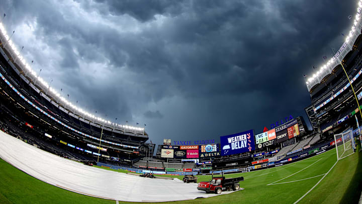 Jun 14, 2024; Bronx, New York, USA; General view of Yankees Stadium during a rain delay before a match between New York City FC and the Columbus Crew. Mandatory Credit: Brad Penner-Imagn Images