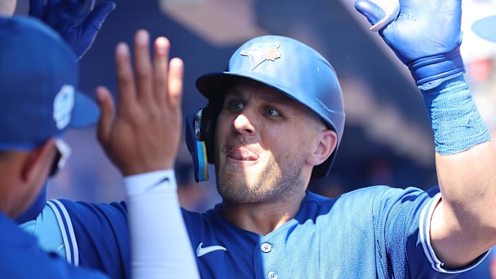 Mar 22, 2023; Dunedin, Florida, USA; Toronto Blue Jays outfielder Daulton Varsho (25) is