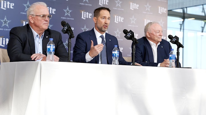 Dallas Cowboys CEO Stephen Jones, head coach Brian Schottenheimer and owner Jerry Jones talk to the media.