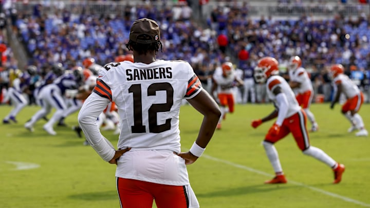 Sep 14, 2025; Baltimore, Maryland, USA; Cleveland Browns quarterback Shedeur Sanders (12) after the game against the Baltimore Ravens at M&T Bank Stadium. Mandatory Credit: Peter Casey-Imagn Images