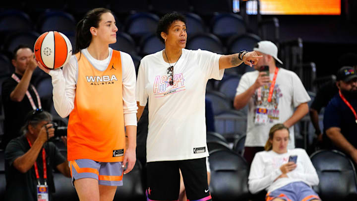 July 19: Team WNBA All-Star coach Cheryl Miller talks to Indiana Fever guard Caitlin Clark during practice for Saturday's All-Star Game against the U.S. Olympic team. July 19: Team WNBA All-Star coach Cheryl Miller talks to Indiana Fever guard Caitlin Clark during practice for Saturday's All-Star Game against the U.S. Olympic team.