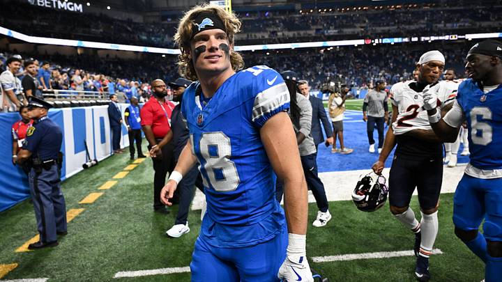 Sep 14, 2025; Detroit, Michigan, USA; Detroit Lions wide receiver Isaac TeSlaa (18) looks on as he leaves the field after the game against the Chicago Bears at Ford Field. Mandatory Credit: Lon Horwedel-Imagn Images