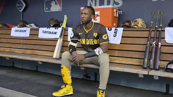 Oct 11, 2024; Los Angeles, California, USA; San Diego Padres outfielder Jurickson Profar (10) looks on before game five against the Los Angeles Dodgers in the NLDS for the 2024 MLB Playoffs at Dodger Stadium. Mandatory Credit: Jayne Kamin-Oncea-Imagn Images
