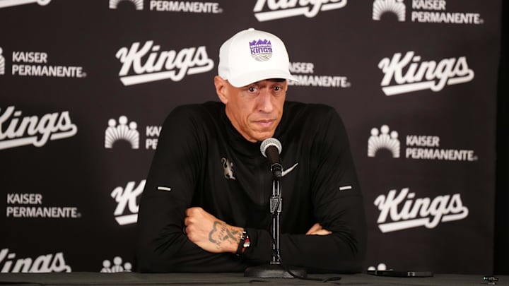 Mar 9, 2025; Inglewood, California, USA; Sacramento Kings coach Doug Christie at a press conference at Intuit Dome. Mandatory Credit: Kirby Lee-Imagn Images