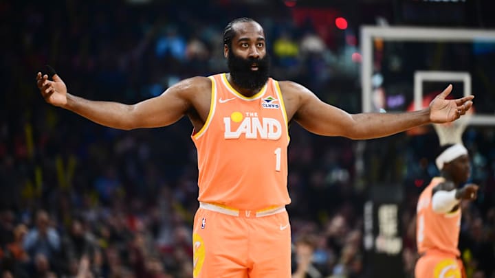 Feb 24, 2026; Cleveland, Ohio, USA; Cleveland Cavaliers guard James Harden (1) celebrates after hitting a three point basket against the New York Knicks during the second half at Rocket Arena. Mandatory Credit: Ken Blaze-Imagn Images Feb 24, 2026; Cleveland, Ohio, USA; Cleveland Cavaliers guard James Harden (1) celebrates after hitting a three point basket against the New York Knicks during the second half at Rocket Arena. Mandatory Credit: Ken Blaze-Imagn Images