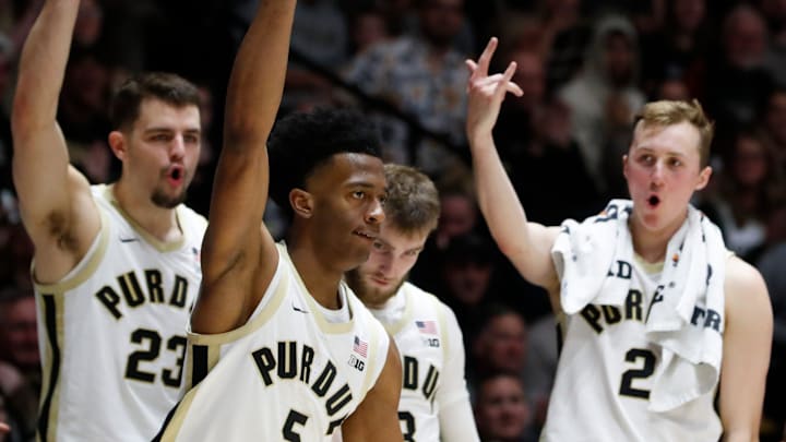 Purdue Boilermakers guard Myles Colvin (5) celebrates after scoring