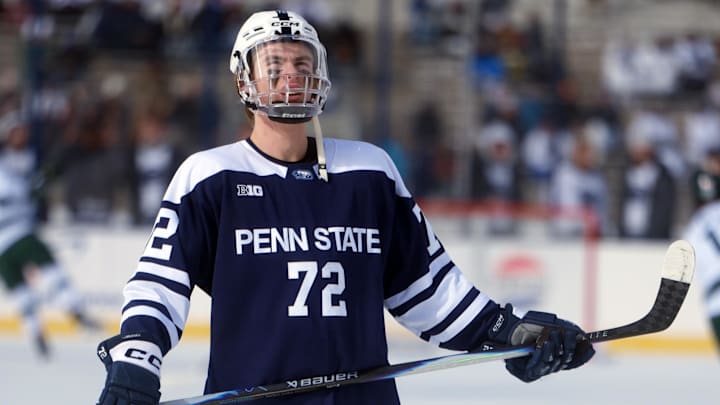 Penn State Nittany Lions forward Gavin McKenna skates before a Big Ten hockey game vs. the Michigan State Spartans at Beaver Stadium. 