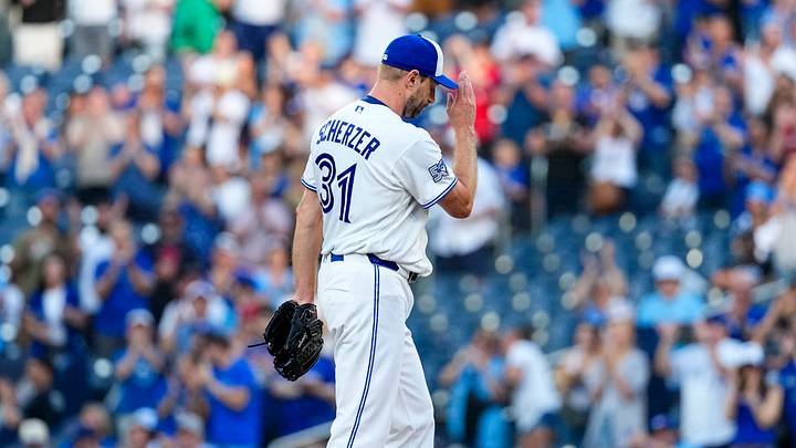 Jun 10, 2026; Toronto, Ontario, CAN;  Toronto Blue Jays pitcher Max Scherzer (31) celebrates his career 3500th strike out against the Philadelphia Phillies during the first inning at Rogers Centre. Mandatory Credit: Kevin Sousa-Imagn Images