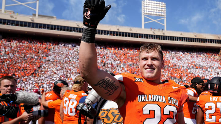 Oklahoma State's Jeff Roberson (22) celebrates following the college football game between the Oklahoma State Cowboys and the Arkansas Razorbacks at Boone Pickens Stadium in Stillwater, Okla.,, Saturday, Sept., 7, 2024.
