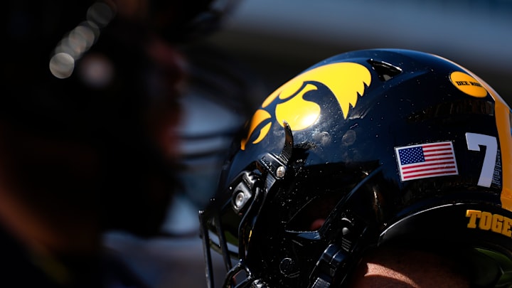 The Iowa Hawkeyes logo pictured on a helmet