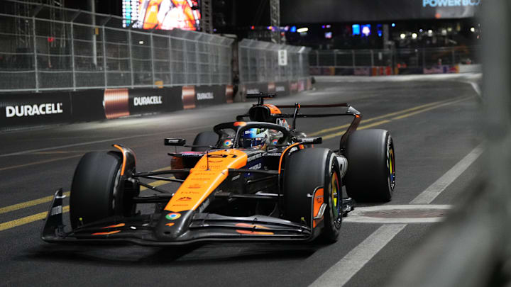 Nov 23, 2024; Las Vegas, Nevada, USA; McLaren Formula 1 Team driver Oscar Piastri of Australia (81) drives during the Las Vegas Grand Prix at the Las Vegas Circuit. Mandatory Credit: Lucas Peltier-Imagn Images