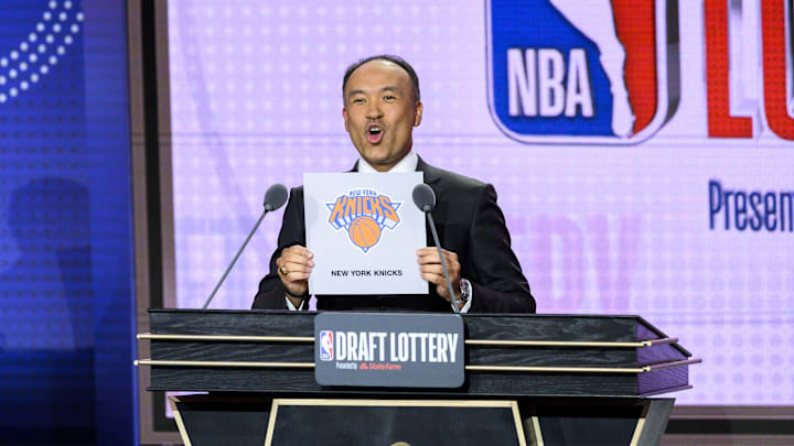 May 14, 2019; Chicago, IL, USA; NBA deputy commissioner Mark Tatum reveals the number three pick for the New York Knicks during the 2019 NBA Draft Lottery at the Hilton Chicago. Mandatory Credit: Patrick Gorski-Imagn Images May 14, 2019; Chicago, IL, USA; NBA deputy commissioner Mark Tatum reveals the number three pick for the New York Knicks during the 2019 NBA Draft Lottery at the Hilton Chicago. Mandatory Credit: Patrick Gorski-Imagn Images