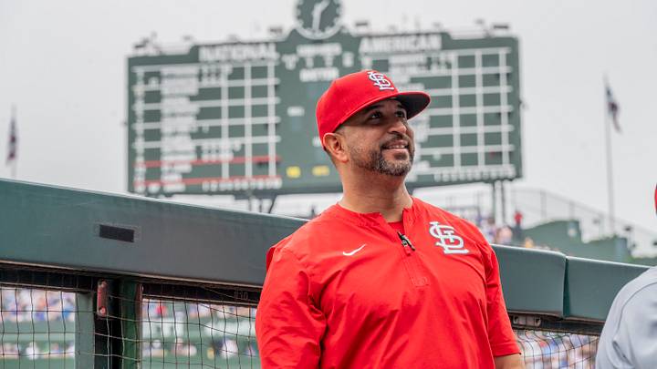 Jul 5, 2026; Chicago, Illinois, USA; St. Louis Cardinals manager Oliver Marmol (37) looks on from the dugout prior to a game against the Chicago Cubs at Wrigley Field. Mandatory Credit: Patrick Gorski-Imagn Images Jul 5, 2026; Chicago, Illinois, USA; St. Louis Cardinals manager Oliver Marmol (37) looks on from the dugout prior to a game against the Chicago Cubs at Wrigley Field. Mandatory Credit: Patrick Gorski-Imagn Images