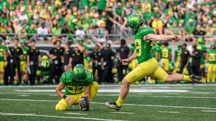 Sep 16, 2023; Eugene, Oregon, USA; Oregon Ducks place kicker Camden Lewis (49) kicks a field goal