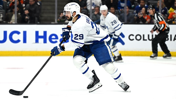 Mar 30, 2026; Anaheim, California, USA; Toronto Maple Leafs center Bo Groulx (29) skates with the puck against the Anaheim Ducks during the second period at Honda Center. Mandatory Credit: Griffin Hooper-Imagn Images