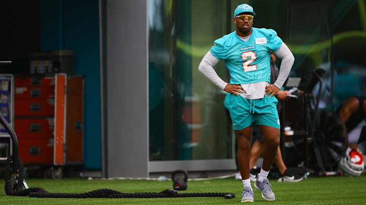 Jul 24, 2024; Miami Gardens, FL, USA; Miami Dolphins linebacker Bradley Chubb (2) looks during training camp at Baptist Health Training Complex. Mandatory Credit: Sam Navarro-Imagn Images