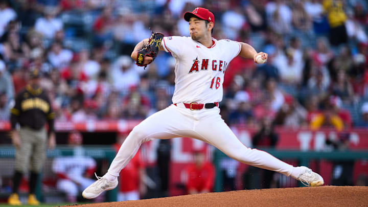 Apr 18, 2026; Anaheim, California, USA; Los Angeles Angels pitcher Yusei Kikuchi (16) delivers during the first inning against the San Diego Padres at Angel Stadium. Mandatory Credit: William Liang-Imagn Images