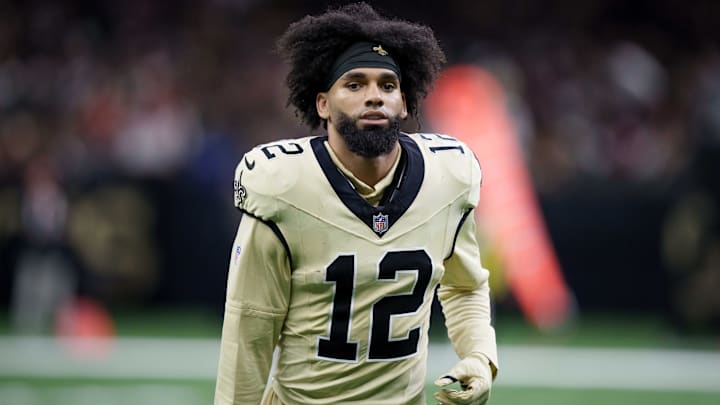 Sep 7, 2025; New Orleans, Louisiana, USA; New Orleans Saints wide receiver Chris Olave (12) at Caesars Superdome. Mandatory Credit: Matthew Hinton-Imagn Images