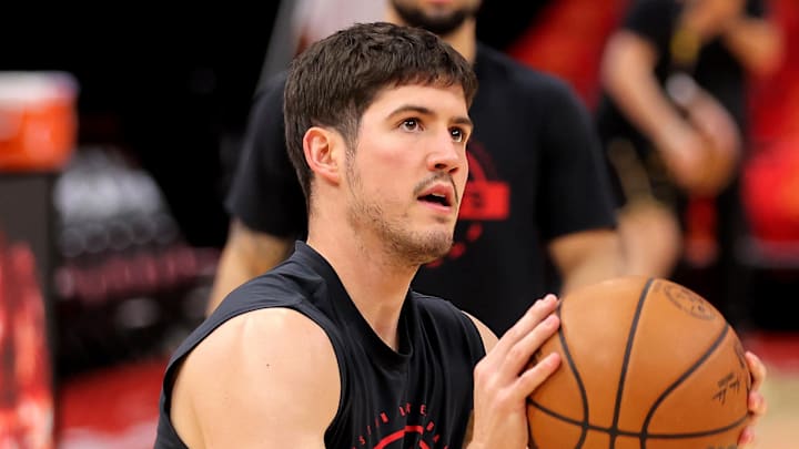 May 1, 2026; Houston, Texas, USA; Houston Rockets guard Reed Sheppard (15) warms up prior to game six of the first round of the 2026 NBA Playoffs against the Los Angeles Lakers at Toyota Center. Mandatory Credit: Erik Williams-Imagn Images