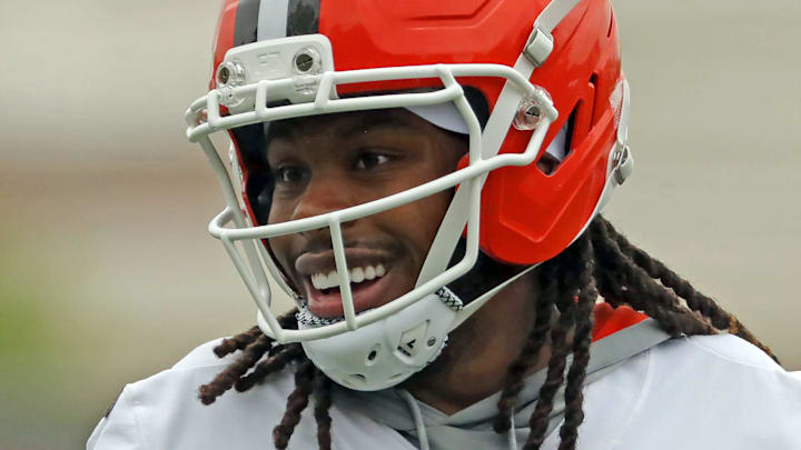 Cleveland Browns cornerback Martin Emerson Jr. chats with teammates during an NFL practice at the Cleveland Browns training facility on Wednesday, May 28, 2025, in Berea, Ohio.