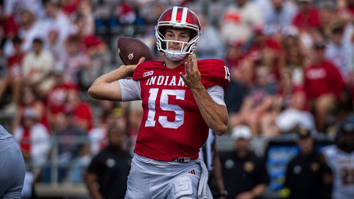 Indiana's Fernando Mendoza (15) during the Indiana versus Kennesaw State Big Ten football game at Memorial Stadium on Saturday, Sept. 6, 2025.