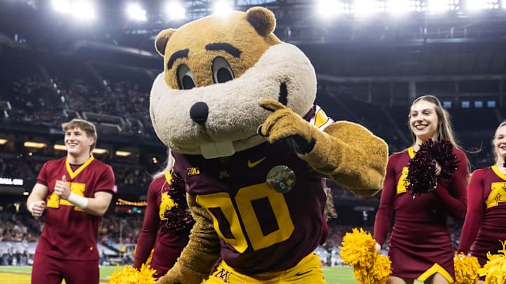 Dec 26, 2025; Phoenix, AZ, USA; Minnesota Golden Gophers mascot Goldy Gopher during the Rate Bowl at Chase Field. Mandatory Credit: Mark J. Rebilas-Imagn Images