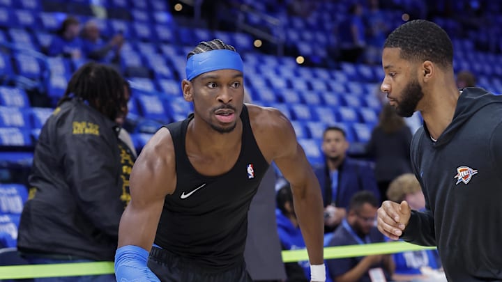 Apr 19, 2026; Oklahoma City, Oklahoma, USA; Oklahoma City Thunder guard Shai Gilgeous-Alexander (2) warms up before the start of game one of the first round of the 2026 NBA Playoffs against the Phoenix Suns at Paycom Center. Mandatory Credit: Alonzo Adams-Imagn Images