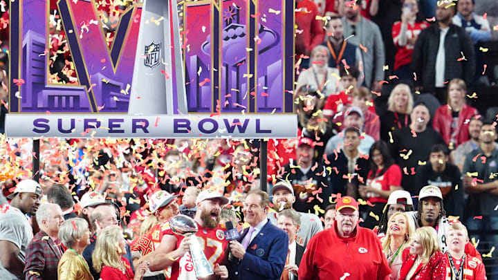 Feb 11, 2024; Paradise, Nevada, USA;  Kansas City Chiefs tight end Travis Kelce (87) celebrates with the Vince Lombardi Trophy after defeating the San Francisco 49ers in Super Bowl LVIII at Allegiant Stadium. Mandatory Credit: Stephen R. Sylvanie-Imagn Images